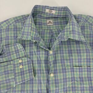 Peter Millar Mens Plaid Long Sleeve Button Down Shirt Large Blue Green Cotton